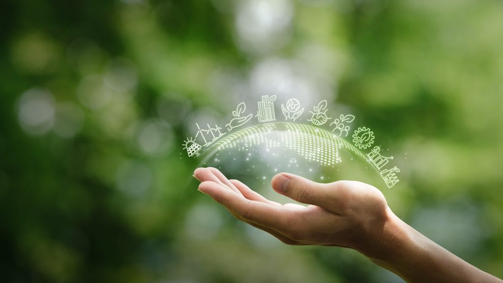 a man with an open palm alongside sustainable icons