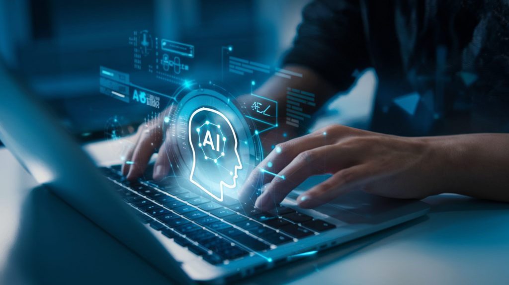 Developer using a laptop with an AI interface hologram